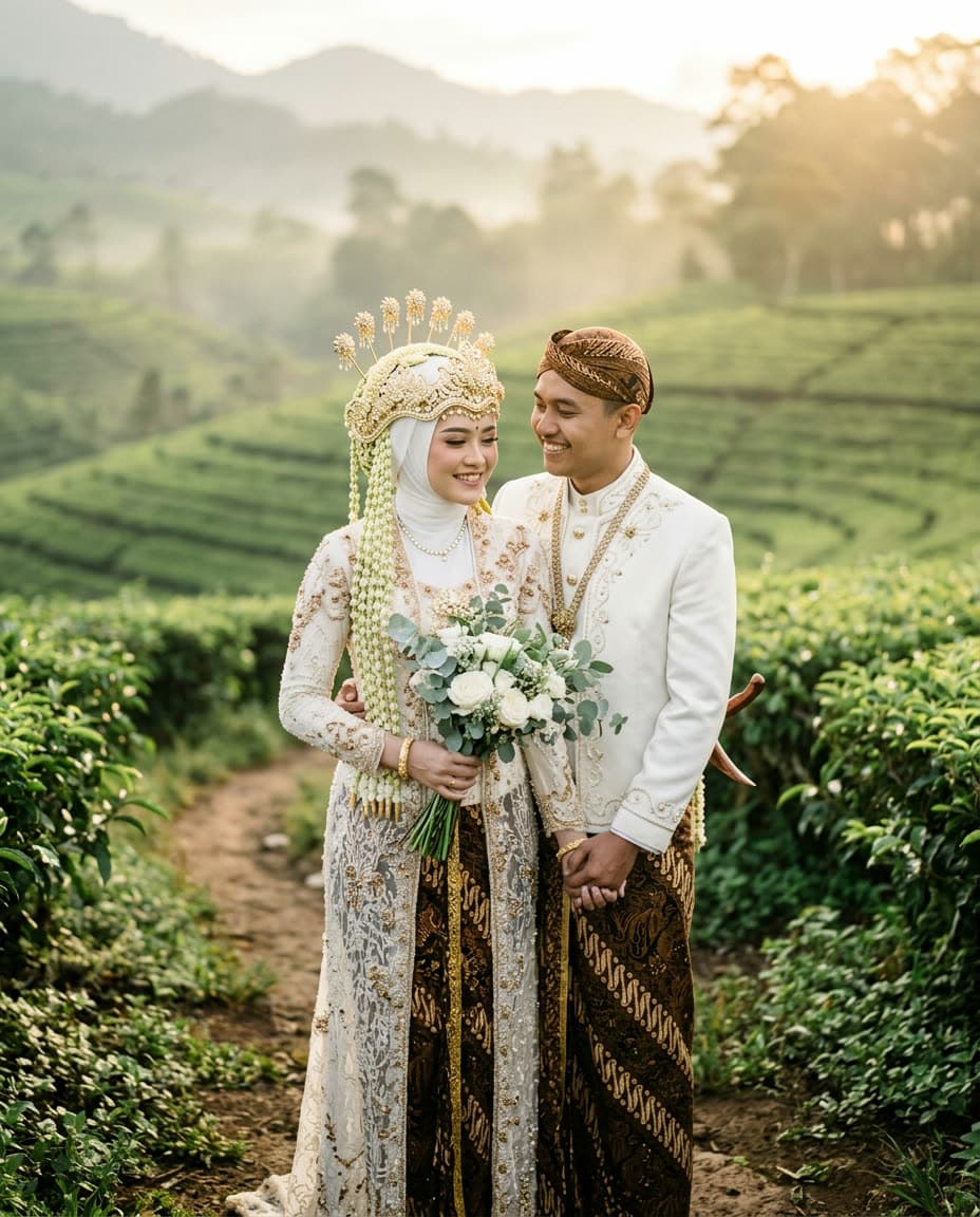 Mempelai berbusana adat Sunda, pengantin wanita bersiger dan ronce melati, di kebun teh Priangan