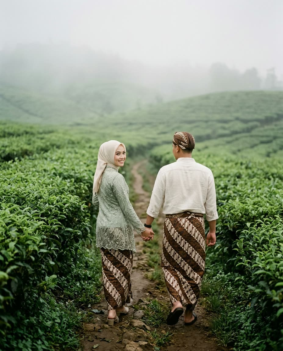 Mempelai berjalan bergandengan di kebun teh berkabut