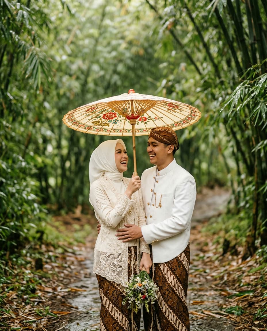 Mempelai berbagi payung geulis di hutan bambu