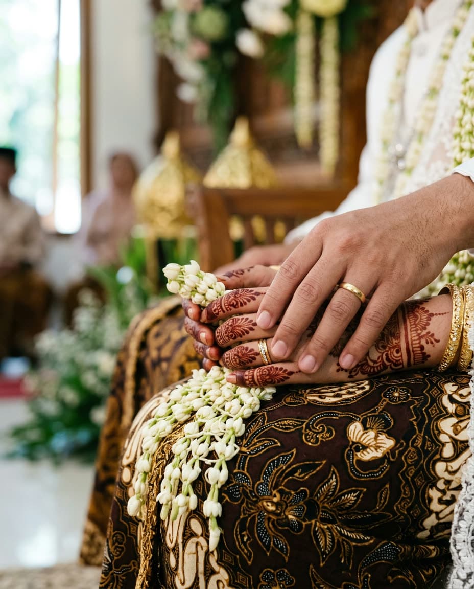 Tangan pengantin berhena menggenggam ronce melati