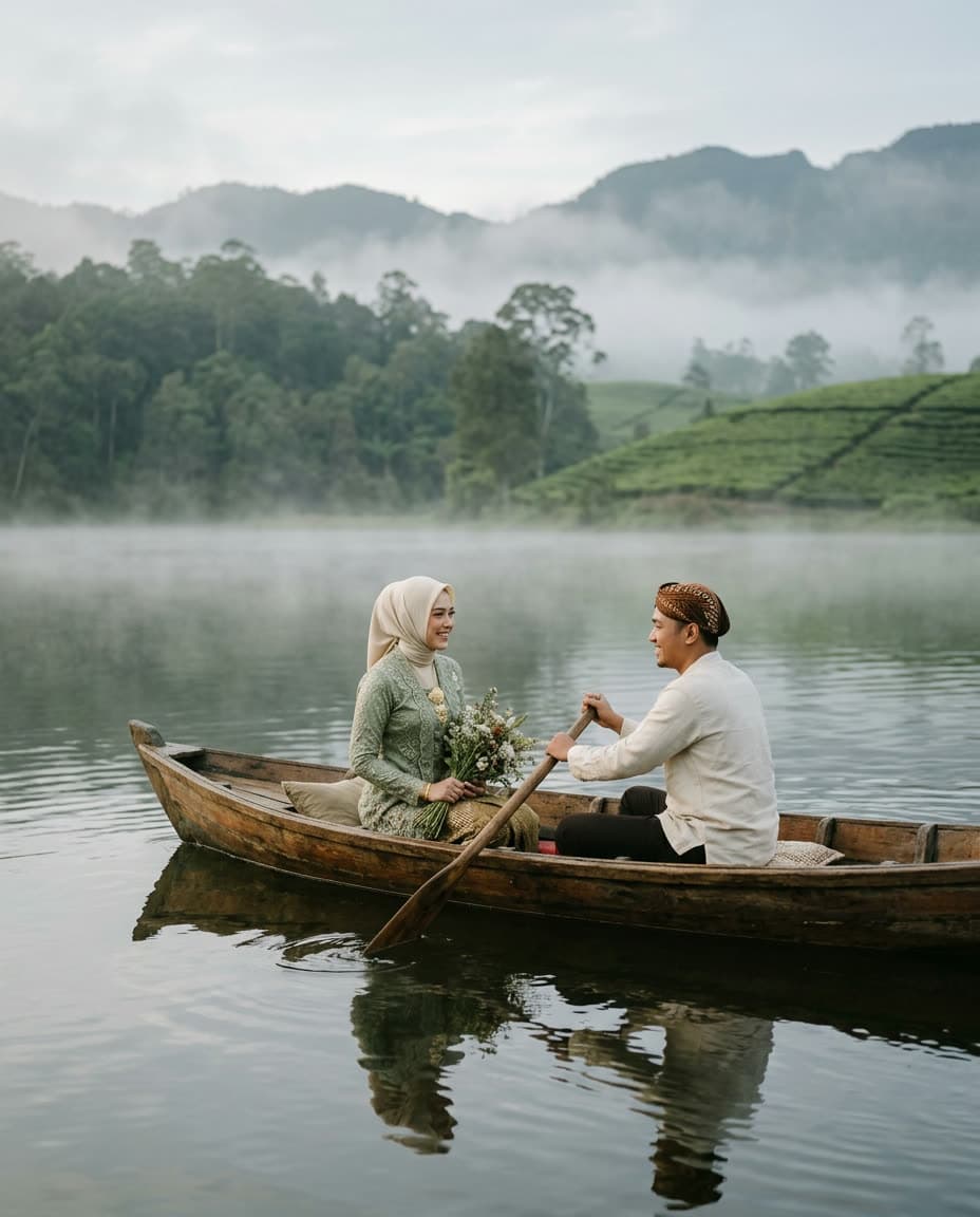 Mempelai berperahu di danau berkabut